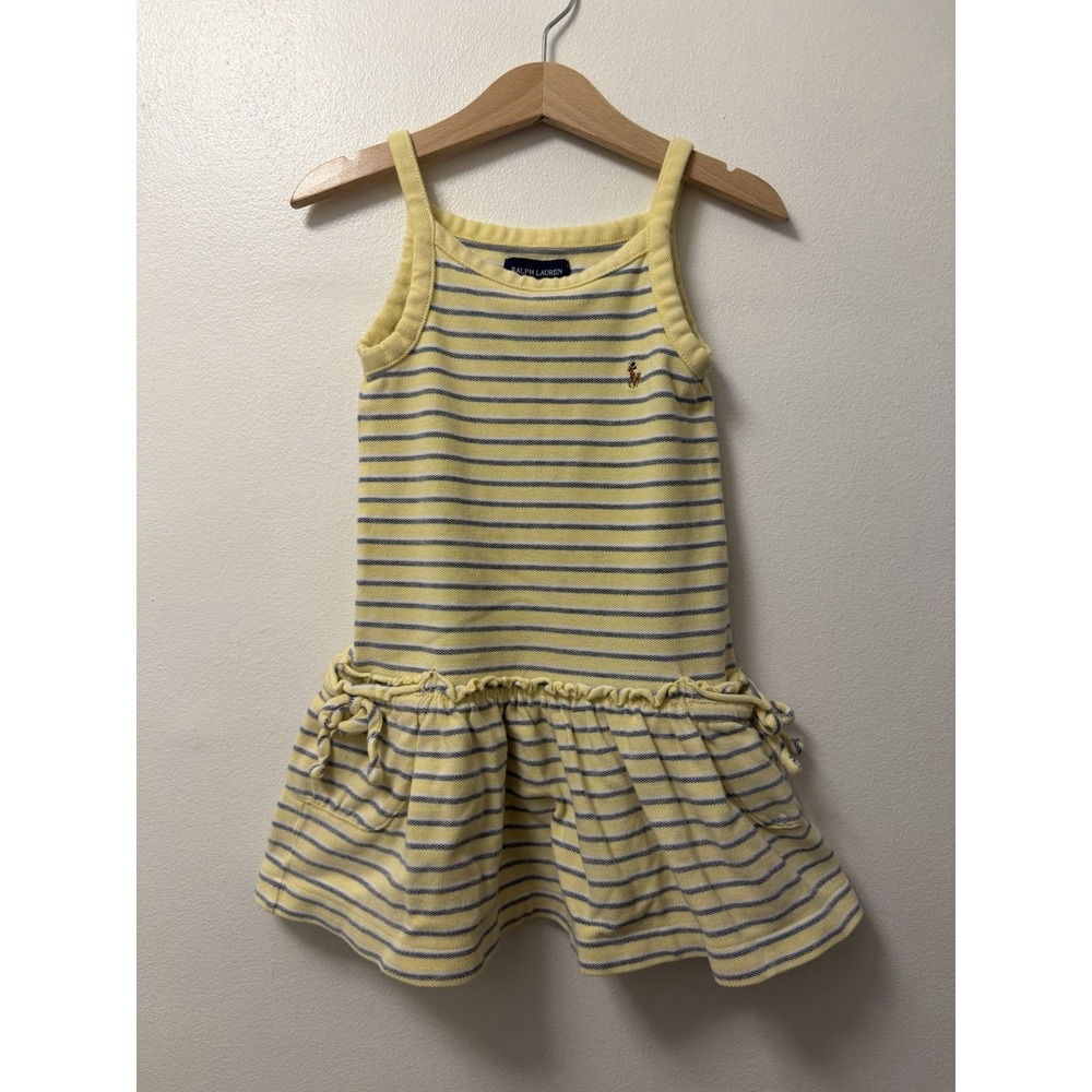 Ralph Lauren Girls Sun Dress Striped Yellow Pony Ruffles Pockets Size 4T